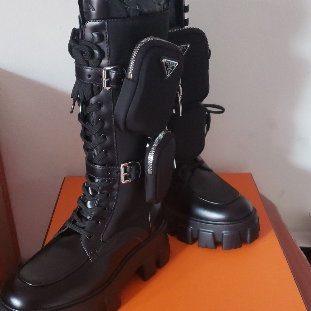 Prada Black Combat Boots with Pouches Monolith